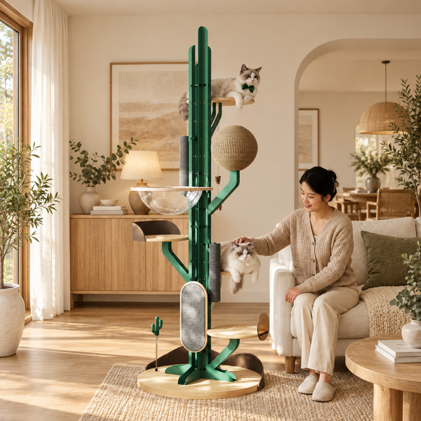 AI-generated styling illustration: cactus cat furniture with a cat and seated adult in a warm living room. Refer to product dimensions for fit.