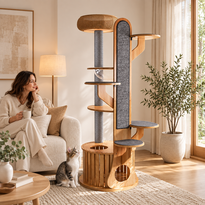 AI-generated styling illustration: desert cat furniture with a cat and seated adult in a warm living room. Refer to product dimensions for fit.