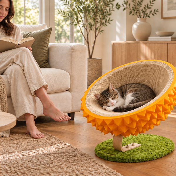 AI-generated styling illustration: durian bed with a cat and adult in a living room. Scale is approximate; refer to product measurements.