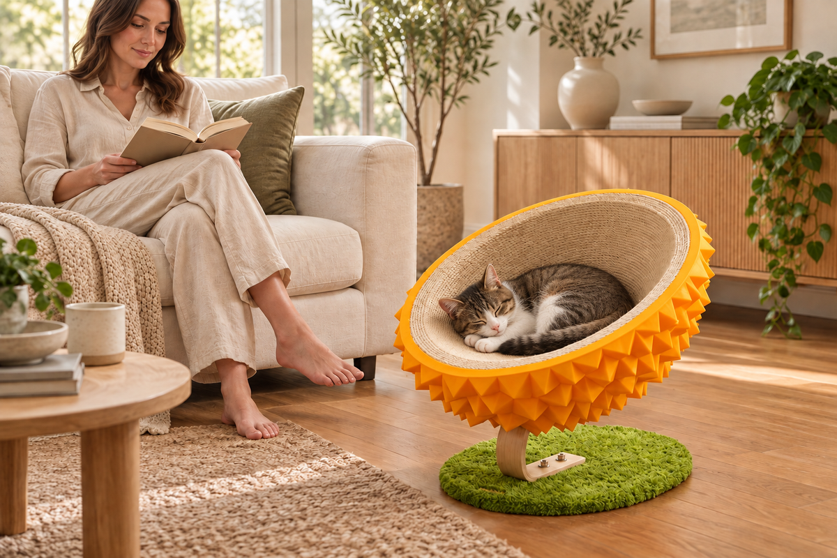 AI-generated styling illustration: durian bed with a cat and adult in a living room. Scale is approximate; refer to product measurements.