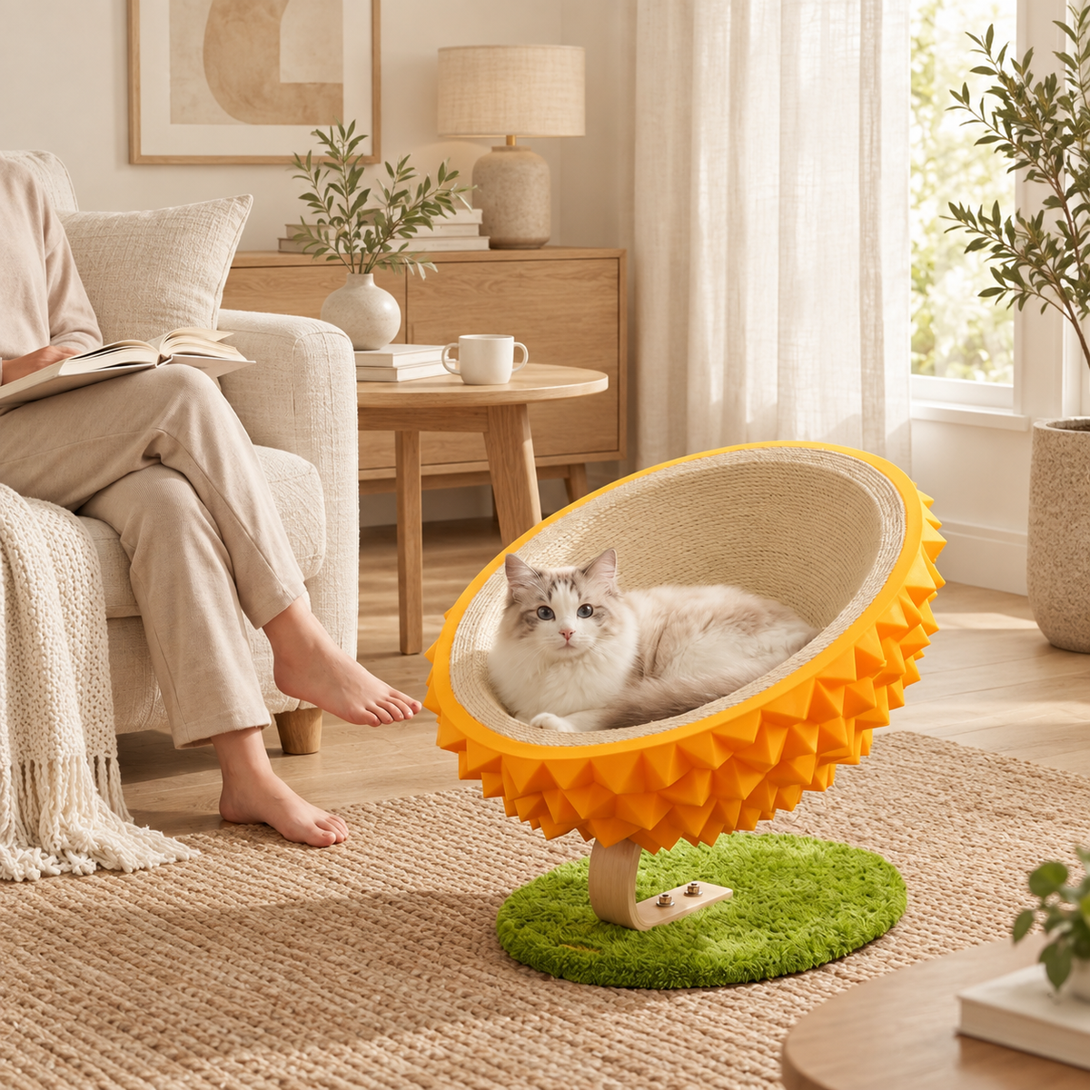 AI-generated styling illustration: durian cat furniture with a cat and seated adult in a warm living room. Refer to product dimensions for fit.