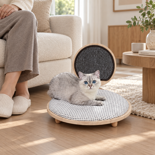 AI-generated styling illustration: round cat furniture with a cat and seated adult in a warm living room. Refer to product dimensions for fit.