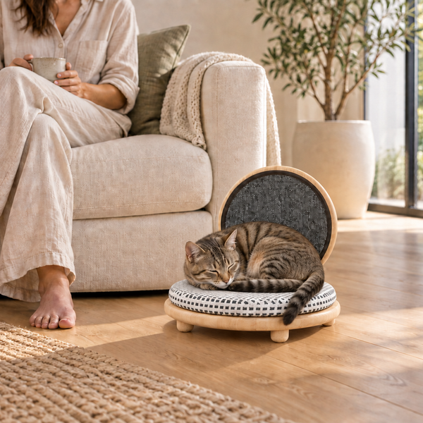 AI-generated styling illustration: round wood bed with a cat and adult in a living room. Scale is approximate; refer to product measurements.
