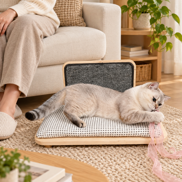 AI-generated styling illustration: square cat furniture with a cat and seated adult in a warm living room. Refer to product dimensions for fit.