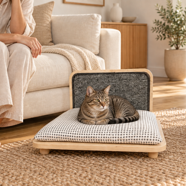 AI-generated styling illustration: square wood bed with a cat and adult in a living room. Scale is approximate; refer to product measurements.
