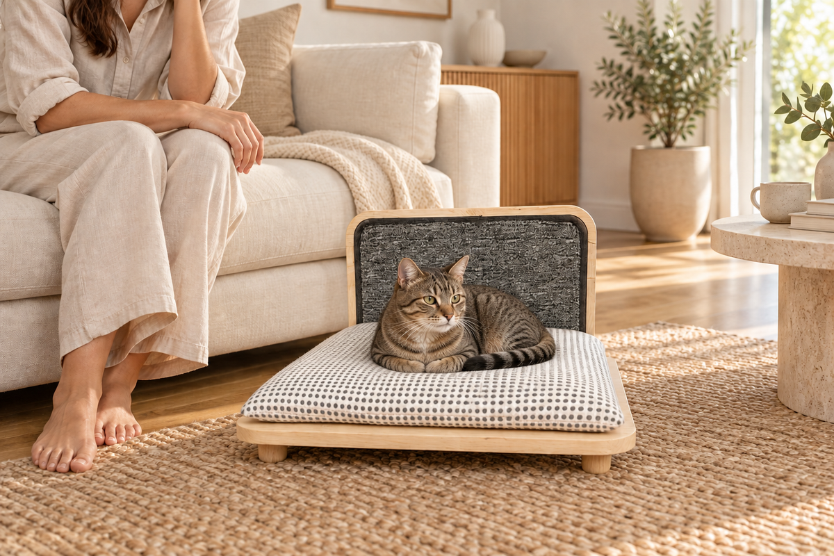 AI-generated styling illustration: square wood bed with a cat and adult in a living room. Scale is approximate; refer to product measurements.
