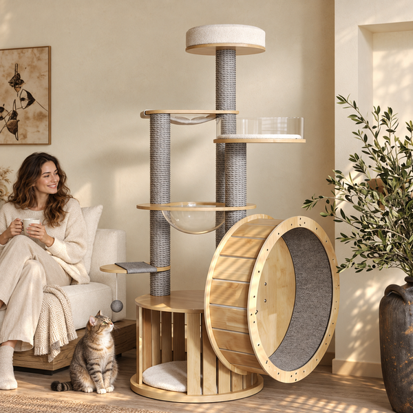 AI-generated styling illustration: wheel cat furniture with a cat and seated adult in a warm living room. Refer to product dimensions for fit.