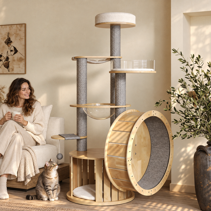 AI-generated styling illustration: wheel cat furniture with a cat and seated adult in a warm living room. Refer to product dimensions for fit.
