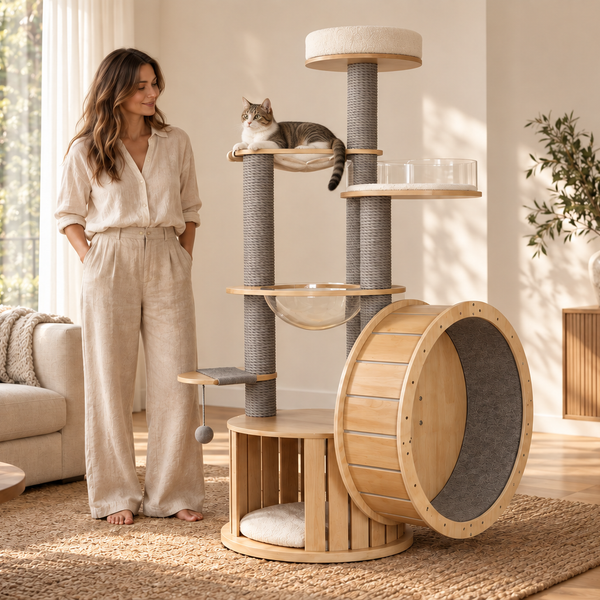 AI-generated styling illustration: wheel tree with a cat and adult in a living room. Scale is approximate; refer to product measurements.