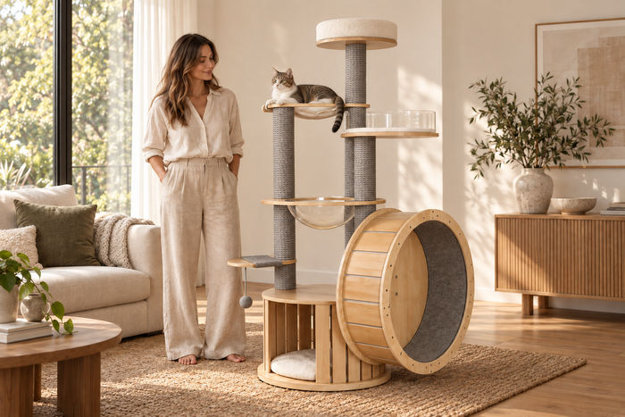 AI-generated styling illustration: wheel tree with a cat and adult in a living room. Scale is approximate; refer to product measurements.