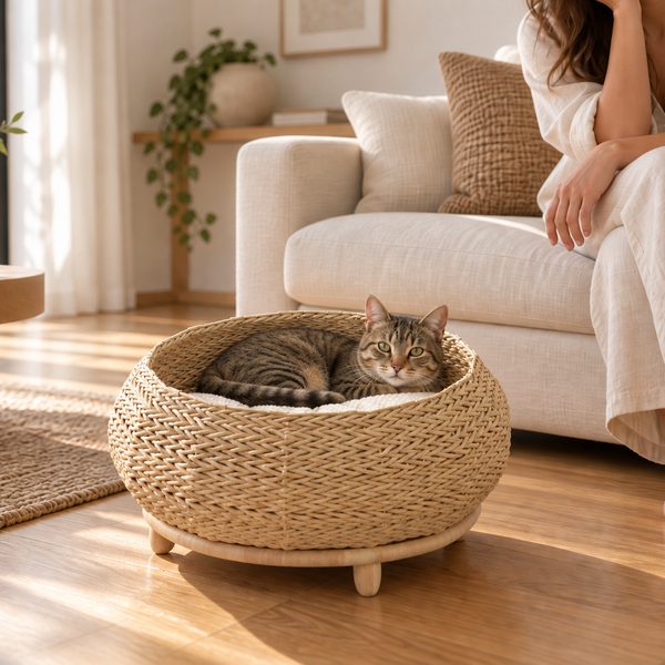 AI-generated styling illustration: woven bed with a cat and adult in a living room. Scale is approximate; refer to product measurements.