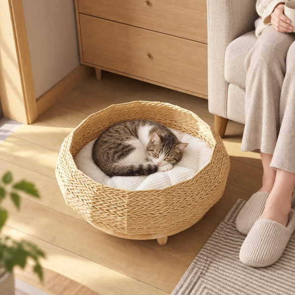 AI-generated styling illustration: woven cat furniture with a cat and seated adult in a warm living room. Refer to product dimensions for fit.