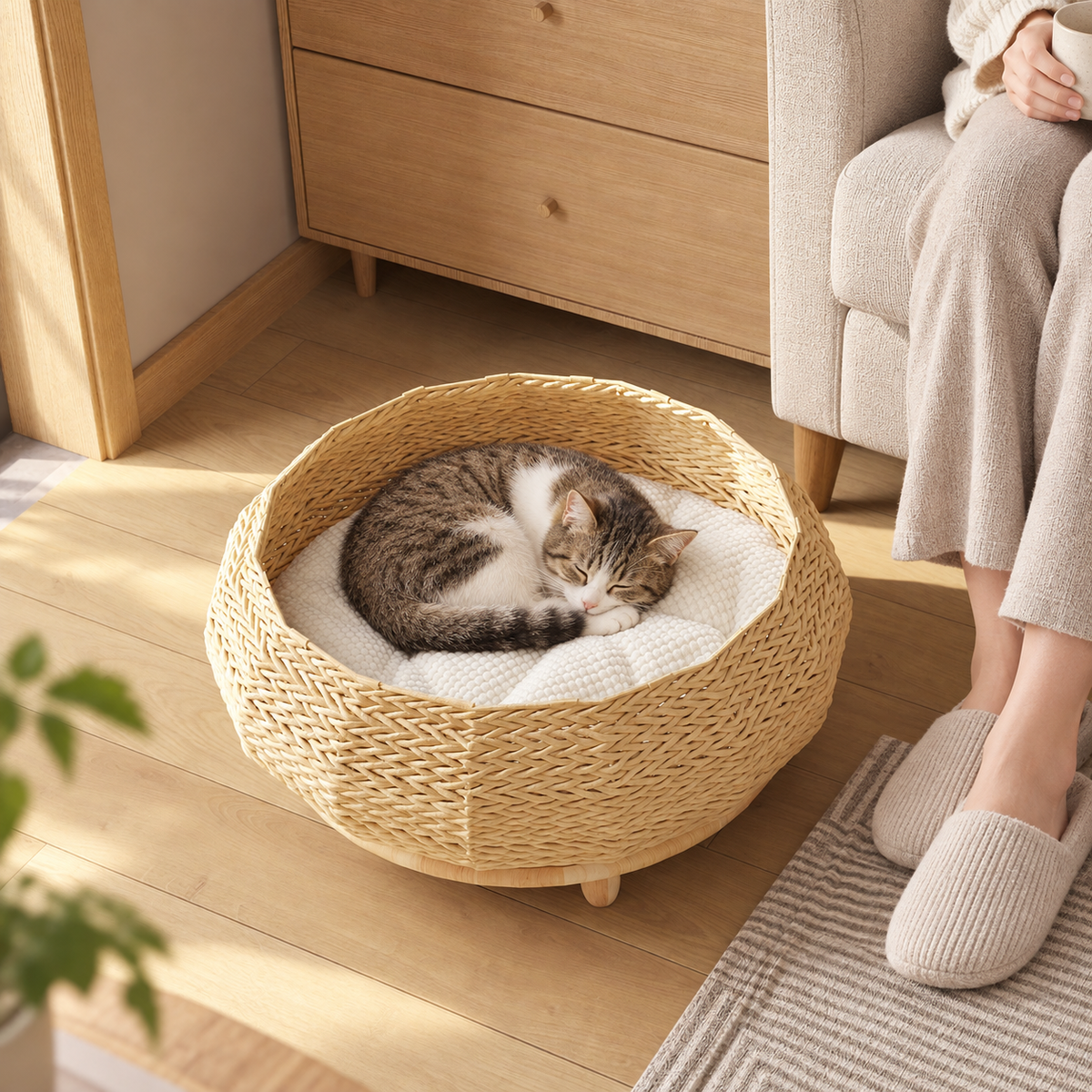 AI-generated styling illustration: woven cat furniture with a cat and seated adult in a warm living room. Refer to product dimensions for fit.